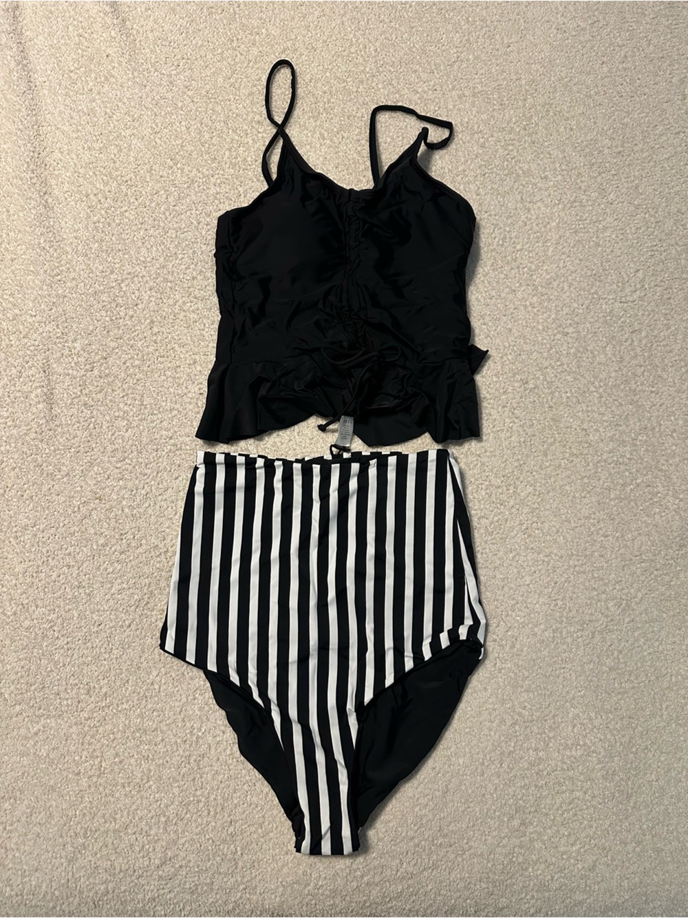 Black Tankini Top with Black & White Striped High-Waist Bikini Bottom